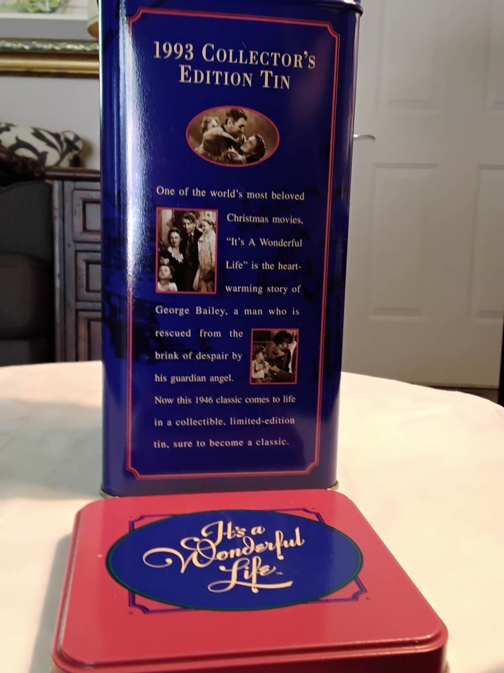 Red and Blue Holiday Tin Featuring Script Lid